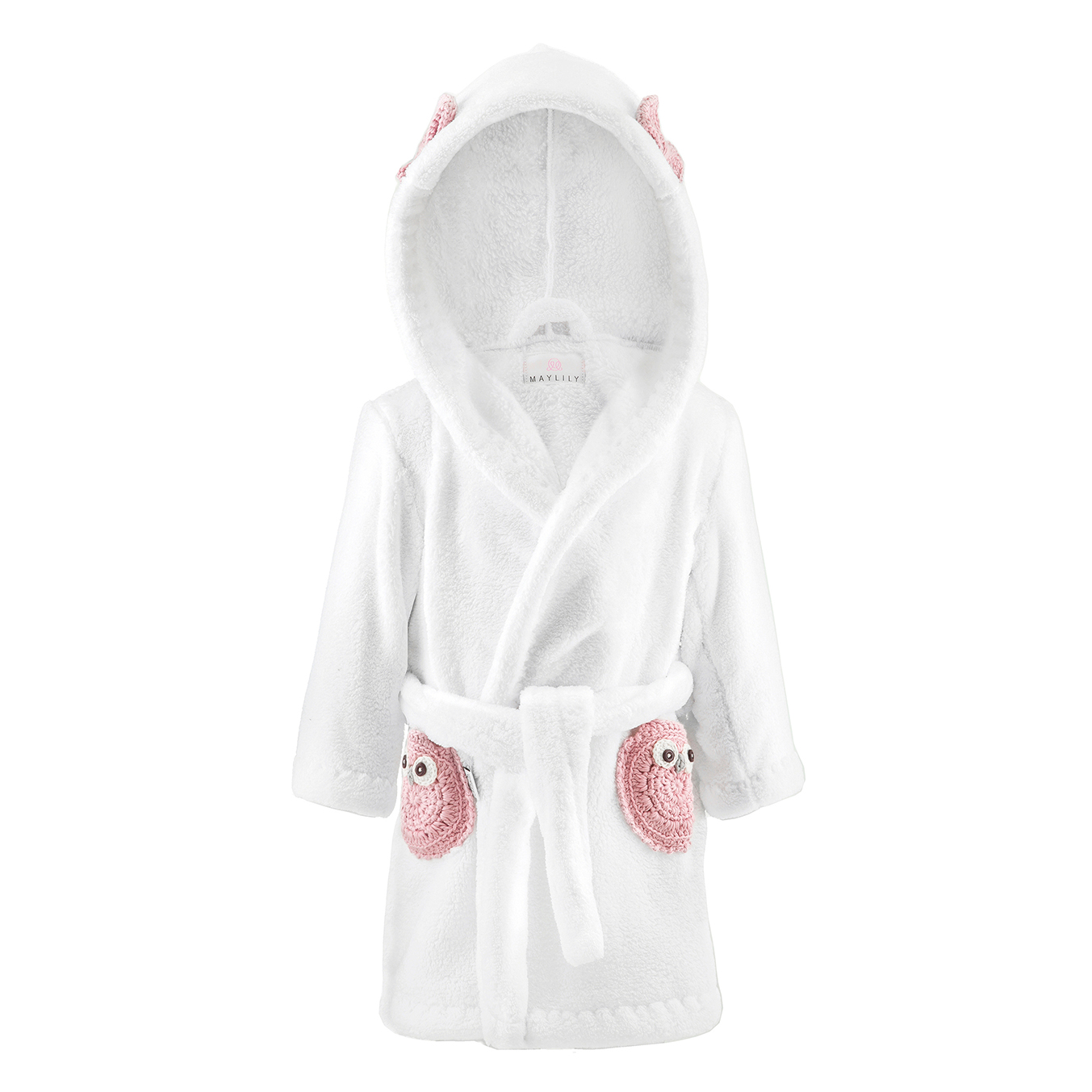 Fluffy bathrobe Owls - white-dusty pink