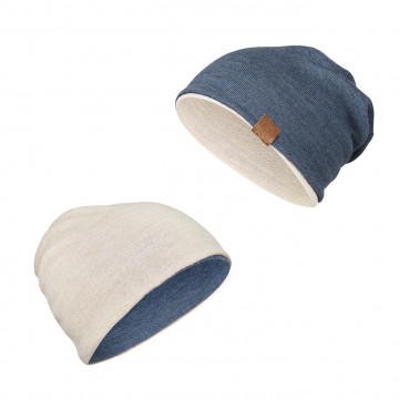 Czapka merino dwustronna - jeans-beż